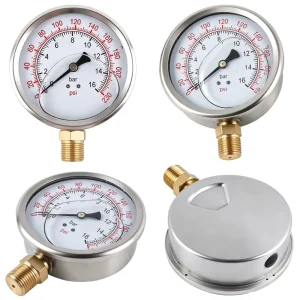 Vibration Proof Liquid Filled Pressure Gauges for Hydraulic Presses for Cooling Loops for Compressed Air Systems