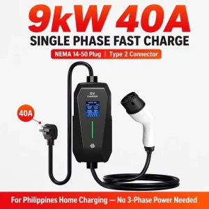 Voltage Stable Surge Protected V0 Flame Smart TPU Portable EV Charger Portable EV Charging Station AC EV Charger 9kW Portable