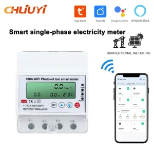 WiFi Single Phase Photovoltaic Tuya Smart Energy Monitor Switch 100A 230V 50 60Hz KWh Meter Digital Display Class 1 Accuracy Din