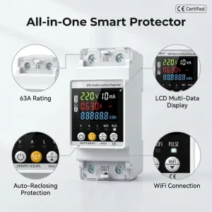 WiFi Smart Energy Monitor Over Under Voltage Protection Device 63A Single Phase Digital Adjustable Power Monitoring Relay