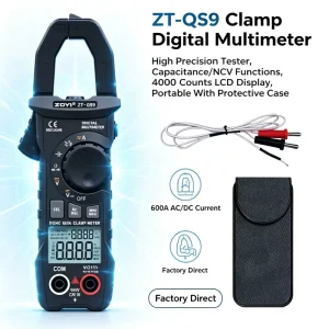 ZT QS9 Mini Professional Digital Clamp Meter with Test Probe Leads 6000 Counts True RMS Auto Range AC DC 0 600V & 0 600A